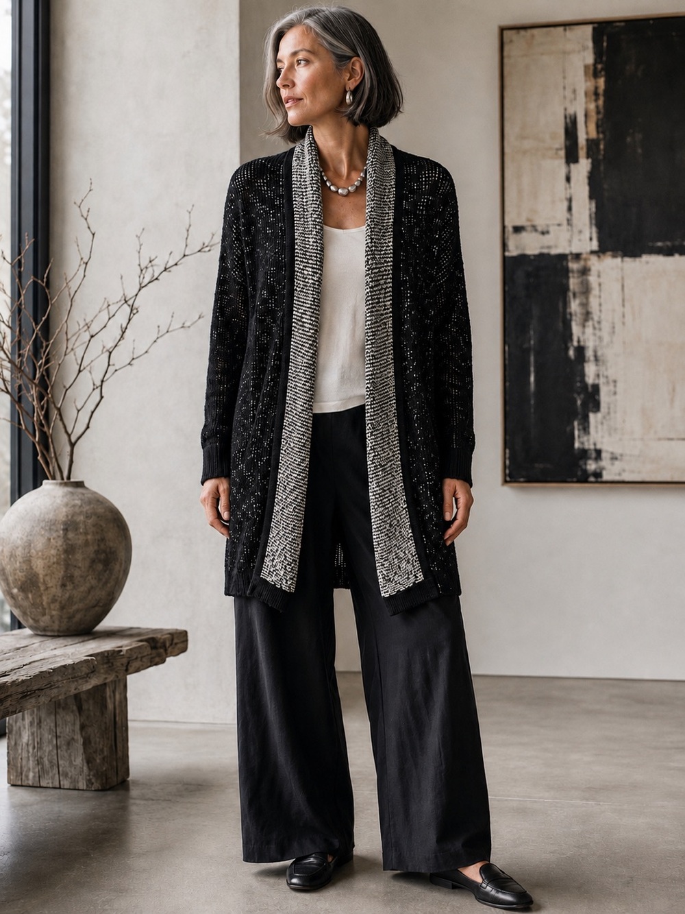 Eileen Fisher Organic Cotton Open Knit Long Cardigan Black White XS Lagenlook